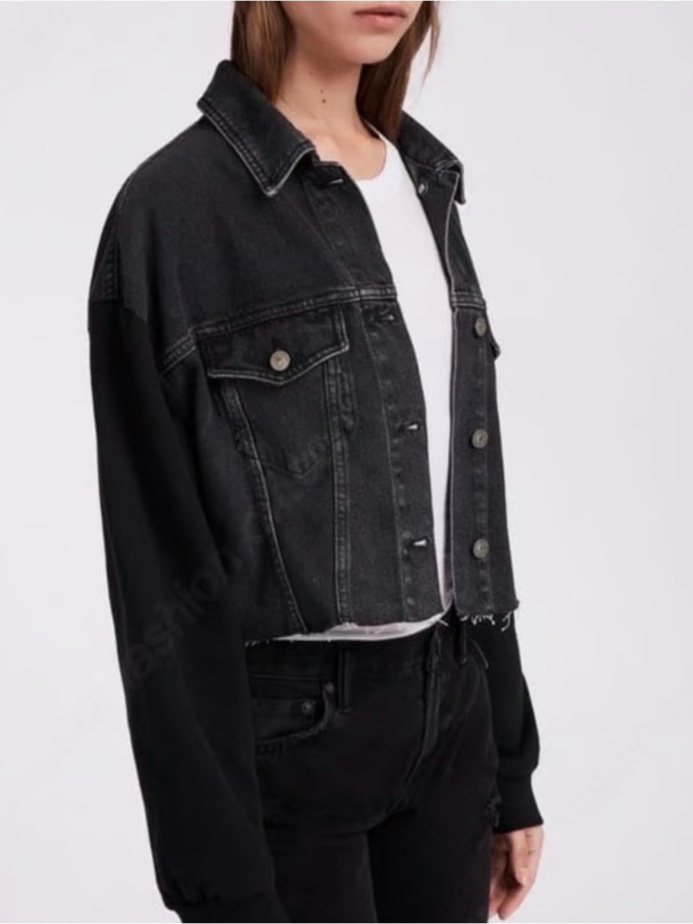 AllSaints Anders Mixed Media Cropped Denim Jacket: XS - Picture 3 of 13
